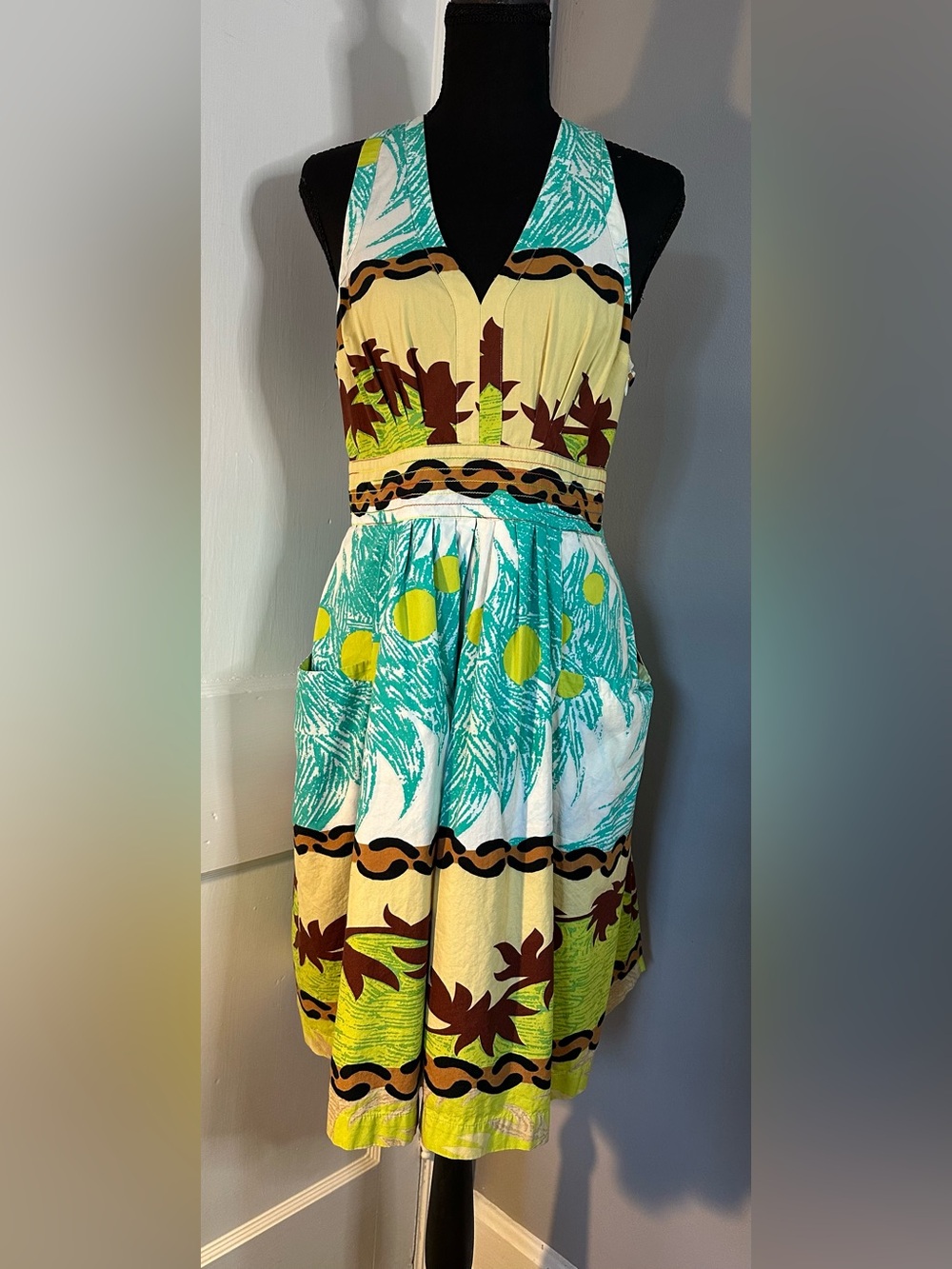 Plenty by Tracy Reese V-Neck Halter Fit & Flare Dress Racerback Tropical Sz 10